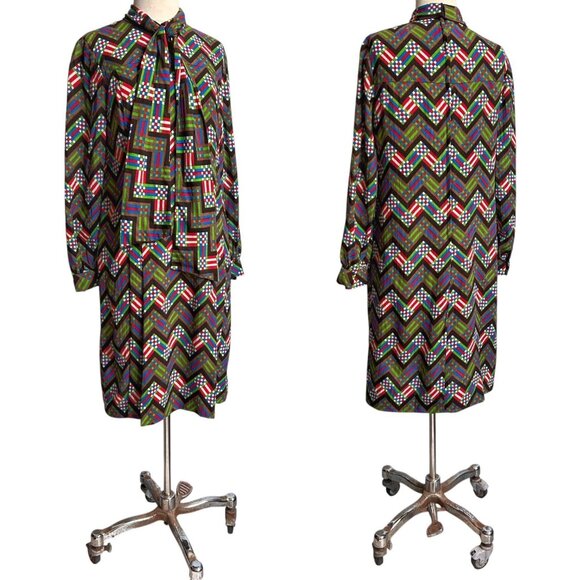 70s vintage wool shift dress midi shirt geometric pattern abstract print tie. - Picture 8 of 13